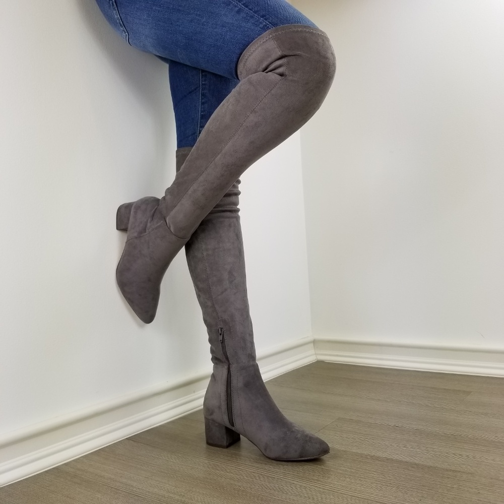 Pointy toe over the knee gray boots Faux Suede - Picture 2 of 8
